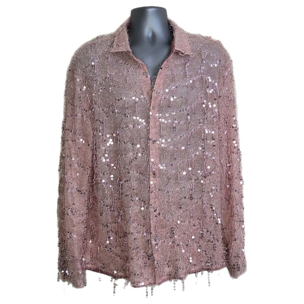 Shein Sequin Pink Long Sleeve Button-Up Shirt, Mens Size XXL